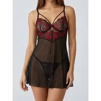 Elegant Love Negligé Spitzen-Nachtwäsche mit Rosenmuster und passendem String, Dessous-Set (Set, 2-tlg., mit Tanga) Reizwäsche für besondere Anlässe, transparentes Babydoll mit Bügelcups