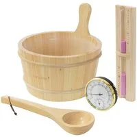 LuxeBath Sauna-Aufgussset 4-teilig Saunazubehör-Set aus massivem Kiefernholz, Sauna Set Zubehör Inkl. 4,5L Aufgusskübel, Kelle, Thermometer-Hygrometer, 15min. Sanduhr