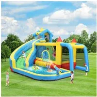 BlingBin Hüpfburg 5 in 1 Aufblasbare Hüpfburg, Outdoor Spielburg für Kinder 3-10 Jahre, (1er Set, 1-tlg., 364 x 315 x 239cm), mit Wasserrutsche Sprungfläche Wasserbecken Fußballtor Basketballkorb