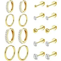 Zengi Ohrring-Set Creolen Ohrstecker für Damen Alltag Beruf Festtage Geschenk elegant (Set, 18-tlg., 9 aufeinander abgestimmte Paare), Goldfarben, Edelstahl, Zirkonia, hautverträglich