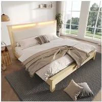 Ulife Holzbett Doppelbett mit Stauraum-Kopfteil und LED-Beleuchtung (1-tlg., Ohne Matratze), Rückenlehne mit beigefarbenem Cordpolster, 160x200cm