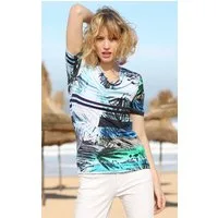 Passioni T-Shirt mit Palmblatt- und Streifendruck und drapiertem Ausschnitt