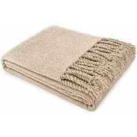 Wohndecke Winter Kuscheldecke mit Fransen » Chenille Wolldecke, VewoTex, Wohndecke im Boho Style » Couchdecke 130 x 170 cm » creme-braune Decke