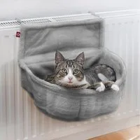 Canadian Cat Company Katzen-Hängematte Kuschelsack - Kuschelbett für die Heizung, verstellbar - grau, Plüsch, Mit Haken zum Einhängen an Heizungen mit einer dicke von 9 - 12cm