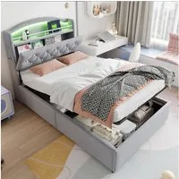 Odikalo Stauraumbett Polsterbett Einzelbett Bettgestell Kopfteil USB Stauraum 90x200 Grau