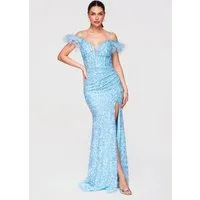 OMBRE Abendkleid Maxikleid Pailletten Figurbetont Abendmode Blau XL (kein Set, 1-tlg) Hocher Beinschlitz, Federdetails an den Schultern