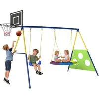 AIYAPLAY Schaukelgestell mit Nestschaukel Basketballkorb Fußballtor U-Schaukel Stahlgestell, (4-in-1 Schaukel-Set, 1-tlg., Outdoor Schaukelgerüst), für 3-8 Jahre Kinder, 288 x 160 x 220 cm, Mehrfarbig