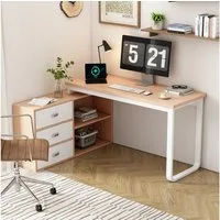 Flieks Eckschreibtisch Schreibtisch/Kommode mit Schubladen (Schrankmaße: 100x30x63 cm/Tischmaße: 135x50x75,3 cm, 2-St., aus MDF&Stahlgestell), L-förmig Bürotisch Arbeitstisch Computertisch mit Stauraum, Natur/Weiß