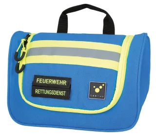 Waschbeutel | TEE-UU | HERO | blau | inkl. Klettstreifen "FEUERWEHR" & "RETTUNGSDIENST" | Signal- & Reflexstreifen | Hinstellen oder Aufhängen
