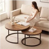 HOMCOM Couchtisch Runde Beistelltisch Kaffeetisch im Industrie-Stil mit Metallgestell (Set, 2-St., 2er-Set), für Wohnzimmer, Schlafzimmer, 60 x 60 x 45 cm, Braun