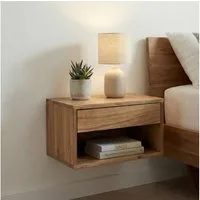 FINEBUY Nachttisch FB117940 Nachttisch für Wandmontage 50x35cm Wandnachttisch Schwebend (Schwebende Nachtkonsole aus massivem Akazienholz), Wand-Nachtkästchen mit Schublade und offenem Fach
