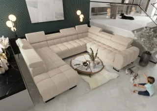 Wohnlandschaft Schlafsofa BASTIEN XL in Stoff Aragon Creme Ottomane Links