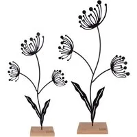 UNUS HOME Dekofigur Aufsteller Deko-Blume (2er Set, Schwarz), Blumen-Silhouette aus Metall und Bambus-Holz Wohndekoration