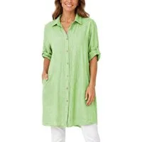 dy_mode Longbluse Damen Leinen Longbluse Sommer Hemdbluse Blusenkleid Luftige Tunika in Unifarbe, mit Knopfleiste