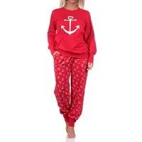 Normann Pyjama Damen Schlafanzug mit Bündchen in maritimer Optik mit Anker als Motiv