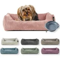 Rohrschneider Tierbett Hundebett Cord für kleine Hunde mit waschbarem Bezug inkl. Futternapf, antiruschbeschichtete Unterseite