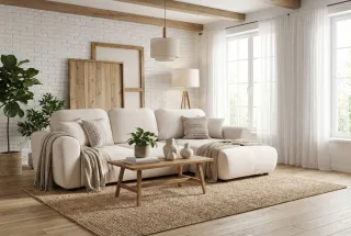 Ecksofa mit Schlaffunktion BRUSK MAX in Stoff Paros Altweiß Ottomane Rechts