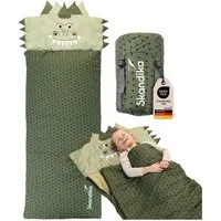 Skandika Kinderschlafsack Soti, für Kinder bis 150 cm, Kopfkissen, buntes Design Dinosaurier (maschinenwaschbar, Kopfteil, in Tierform und mit Tiermotiv bedruckt), mit Baumwollflanell, Komfort-Temperaturen von 13 °C bis 3 °C