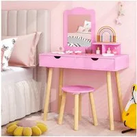 COSTWAY Schminktisch 2 in 1 Kinder Schreibtisch mit Hocker, aus Holz
