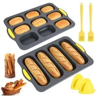 BlingBin Silikonform 2 Stück Brotbackform, 4/9 Hohlräume Antihaft Brötchen Backform, (6er Set 2-tlg), Silikon Baguetteblech mit Isolationshandclip und Ölpinsel für Brot