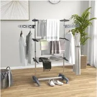 HOMCOM Wäscheständer Turm, Standtrockner, mit 3 Ebenen, klappbare Flügel, für Indoor, Outdoor, Stahl Grau 80,142 x 55 x 152 cm