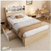 Flieks Kinderbett, Holzbett Einzelbett 90x200cm mit 2 Schubladen & offenen Fächern