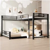 Merax Etagenbett 90x200cm/140x200cm in L-Form (Stockbett Jugendbett Mehrzweckbett, 1-St), Metallbett Doppelbett Kinderbett mit Stauraum, Leiter und Schutzzaun