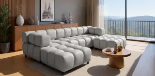 Sofa Designersofa FLOW 3-Sitzer inkl. 2 x Polsterhocker Stoff Bluvel Silbergrau
