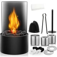 LaCute Tischfeuer Tischfeuer Tischkamin Bioethanol Kamin mit Glas Dekosteinen Schwarz (Tischfeuer Set mit 2 Brennkammern Flammenringen Zange und Handschuhen, Bioethanol Tischkamin Komplettset inklusive Zubehör für innen außen), Freistehender Tischkam
