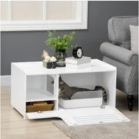 PawHut Katzentoilette Katzenhaus mit Magnettür Beistelltischerhöhtes Design, MDF, Weiß,90B x 48T x 43.5H cm
