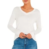 Tommy Hilfiger V-Ausschnitt-Pullover CO JERSEY STITCH V-NK SWEATER Kontrastfarbene Streifen im Ausschnitt und Logo Stickerei am Ärmel