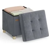 SONGMICS Sitzhocker mit Stauraum, Hocker faltbar, 38 x 38 x 40 cm, Fußhocker 37 L, Aufbewahrungsbox mit Deckel, Samt, bis 300 kg belastbar, schiefergrau