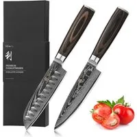 Wakoli Messer-Set EDIB Essentials 2er Damastmesser-Set I Küchenmesser I 12/13cm Klingen (Damastmesser mit Geschenkbox, 2-tlg., 2er Damastmesser-Set), VG10 Kern, 67 Lagen Damaststahl, Pakkaholzgriff