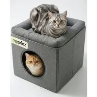 Zooprinz Katzenhaus Katzenhöhle Milo mit Liegefläche und Wendekissen, faltbar, 36 × 36 × 33–35 cm, Anti-Rutsch-Boden, Leinenstoff, Grau