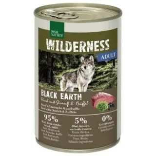 REAL NATURE WILDERNESS Nassfutter Hund, Adult, Black Earth, Rind mit Strauß und Büffel 12x400 g