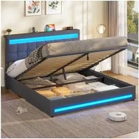 MSMASK Polsterbett Jugendbett mit LED Beleuchtung und Ladestation, Hydraulisches Bett (Ohne Matratze), mit Höhenverstellbares Kopfteil und Stauraum
