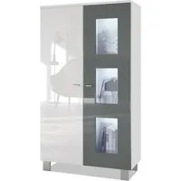 Vladon Standvitrine Denjo (Standvitrine, mit 2 Türen und 3 Glaseinsätzen) Weiß matt/ Weiß glänzend/ Grau glänzend mit Beleuchtung (71x129x35 cm)