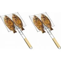 BAYLI Grillspieß Fischbräter 2er Set mit Holzgriff 23,5 x 23,5 cm – Fischkorb Grillkorb