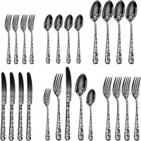 KingLux Besteck-Set 30Stk.Schwarz Besteck-Set für 6 Personen Lasergravur mit Blumenmuster (30-tlg), Edelstahl