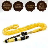 M-Punkt24 Kettenanhänger Tesbih Tespih Damla Kehribar Bernstein Amber (25 Gramm, DIAMOND Püskül, inkl.Etui, Misbah, Subha, Tasbeh, Gebetskette), 925 Sterling Silber, Bernstein, Kehribar, Damla