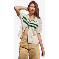 Imily Bela Cardigan Damen Kurzarm mit Lochmuster Polokragen und Kontraststreifen Sommer (Packung, 1-tlg., 1per-Pack) gehäkelt mit Spitze