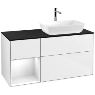 Villeroy und Boch Finion Waschtischunterschrank F802GFGF 120cm, Abdeckplatte black matt, Regale Glossy white lacquer, Glossy white lacquer