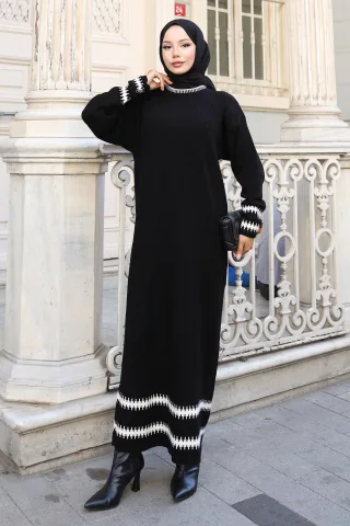 Gemustert Strick Kleid Schwarz