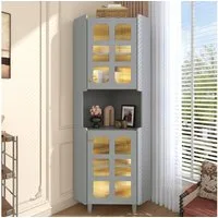 Flieks Badkommode Eckschrank mit LED-Beleuchtung und Glastüren (1 St., 63,5x45x157,5 cm), Hochschrank Mehrzweckschrank Eckkommode mit 5 Fächern Grau
