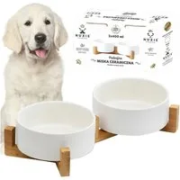 NUXIE PREMIUM Napf-Set Doppelkeramik-Napf auf Bambusständer 2x400ml Haustier Futterstation, Keramik, 2 Keramiknäpfe, Bambusständer, stabil, hygienisch, pflegeleicht