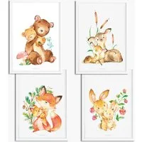 Sunnywall Poster Poster Kinderzimmer Waldtier Familie (4er Set), Waldtier Familie (Set, 4 St), ungerahmt