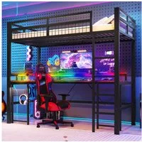 Flieks Hochbett Metall Kinderbett 90x200cm mit Schreibtisch Ladefunktion Lichtleiste