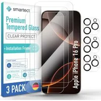 smartect Displayschutzglas Schutzglas Panzerfolie 3 + 3 Stück für iPhone 16 Pro (Display+Kamera) für Apple iPhone 16 Pro, Set, 3 Stück, inkl. Anbringhilfe, 0.3 mm Ultra-klar, 9H Härte, Kratzfest, Stoßfest