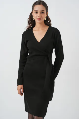 Körperbetontes Midi-Kleid mit V-Ausschnitt und Bindegürtel