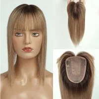 LuxusKollektion Echthaarperücke Topper mit Pony 100% Echthaar Seidenbasis Clip 150% Dichte